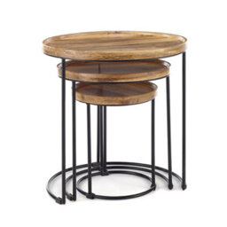 Elm Home And Garden Round Nest Of Three 3 Tables End Lamp Light Solid Mango Wood Black Metal Frame 57Cm H X 54Cm W X 54Cm D - thumbnail 4
