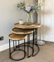 Elm Home And Garden Round Nest Of Three 3 Tables End Lamp Light Solid Mango Wood Black Metal Frame 57Cm H X 54Cm W X 54Cm D - thumbnail 1