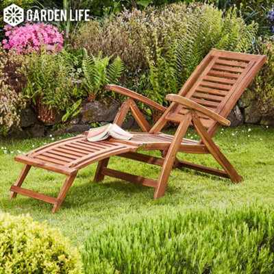 Garden Gear Acacia Hardwood Folding Steamer Deckchair Pre-Treated Garden Furniture With Adjustable Backrest & Integrated Footstool (X2)