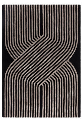 Black Handmade Modern Striped Wool 12-14mm Pile Stain-Resistant Rug For Bedroom, Living Room, Dining Room-200Cm X 300Cm - image 1