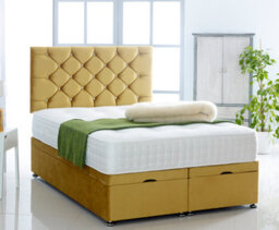 Comfy Deluxe Mustard Plush Foot Lift Ottoman Bed With Memory Spring Mattress And  Studded  Headboard 3Ft Single - thumbnail 1