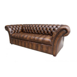 Chesterfield 3 Seater Buttoned Seat Sofa Antique Tan Real Leather In Balmoral Style - thumbnail 3