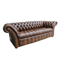 Chesterfield 3 Seater Buttoned Seat Sofa Antique Tan Real Leather In Balmoral Style - thumbnail 2