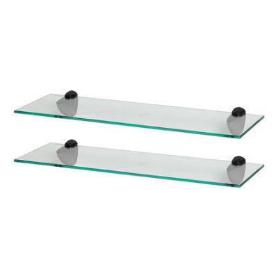 Harbour Housewares 2X Floating Glass Shelves - 60Cm - Black Brackets - Bathroom Shower Storage Vanity Display Unit Shelf - image 1