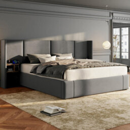 Upholstered Bed, King Size Bed-5Ft(150X200Cm), With Usb Connection, With Sockets, With Two Bedside Tables,no Mattress, Grey