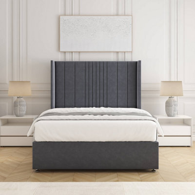 Bsspoke Charlotte Divan Bed Set Steel Plush Velvet 54Inch Wingedback Panel Headboard & Mattress No Drawers In All Sizes - image 1