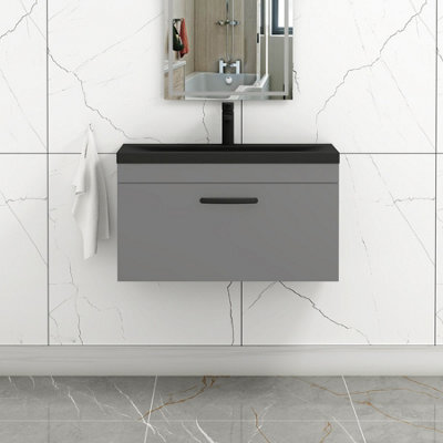 Royal Bathrooms Turin 800mm Wall Hung Vanity Unit 1 Drawer Indigo Grey Gloss With Black Basin & Handles - image 1