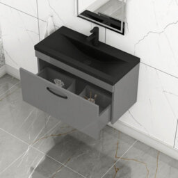 Royal Bathrooms Turin 800mm Wall Hung Vanity Unit 1 Drawer Indigo Grey Gloss With Black Basin & Handles - thumbnail 6