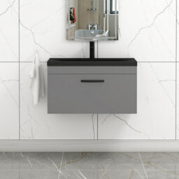 Royal Bathrooms Turin 800mm Wall Hung Vanity Unit 1 Drawer Indigo Grey Gloss With Black Basin & Handles - thumbnail 4