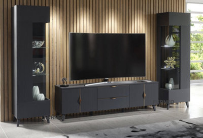 Furneo Grey Living Room Set Tv Stand Display Cabinets High Gloss & Matt Azzurro 10/12G White Led Lights - image 1