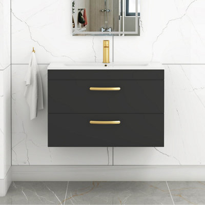 Royal Bathrooms Turin 800mm Wall Hung Vanity Unit Matt Black 2 Drawer Minimalist Basin With Brushed Brass Handles - image 1