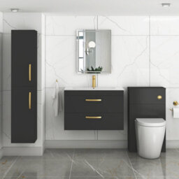 Royal Bathrooms Turin 800mm Wall Hung Vanity Unit Matt Black 2 Drawer Minimalist Basin With Brushed Brass Handles - thumbnail 4