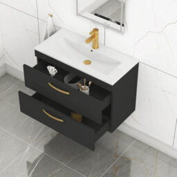Royal Bathrooms Turin 800mm Wall Hung Vanity Unit Matt Black 2 Drawer Minimalist Basin With Brushed Brass Handles - thumbnail 5