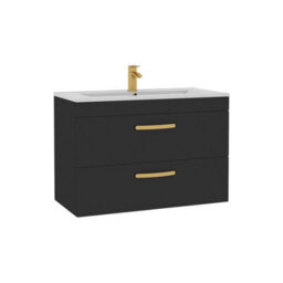 Royal Bathrooms Turin 800mm Wall Hung Vanity Unit Matt Black 2 Drawer Minimalist Basin With Brushed Brass Handles - thumbnail 6