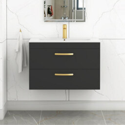 Royal Bathrooms Turin 800mm Wall Hung Vanity Unit Matt Black 2 Drawer Minimalist Basin With Brushed Brass Handles - thumbnail 1