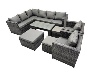Fimous 8 Pieces Outdoor Pe Rattan Garden Furniture Corner Sofa Oblong Coffee Table Set With Cushions 3 Footstools Dark Grey Mixed - image 1