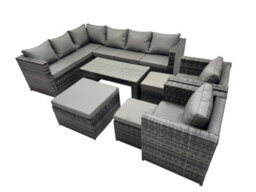 Fimous 8 Pieces Outdoor Pe Rattan Garden Furniture Corner Sofa Oblong Coffee Table Set With Cushions 3 Footstools Dark Grey Mixed - thumbnail 1
