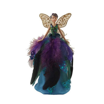 Gisela Graham Christmas Peacock Fairy Tree Topper - Purple And Green Fabric Dress, Resin Body, 18.5 Cm High