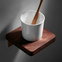 Nes Home Luxury Ceramic Toothbrush Holder With Shelf Wooden Walnut & Brushed Gold - thumbnail 2