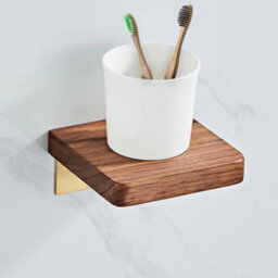 Nes Home Luxury Ceramic Toothbrush Holder With Shelf Wooden Walnut & Brushed Gold