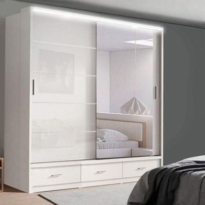 Ie Florence Wardrobe With Mirrors, Drawers & Shelves Sliding Door Wardrobe ( White, 205 Cm ) - image 1