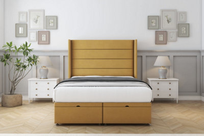 "Comfort Milano Mustard Plush Ottoman Bed Base With 54"" Wingback Headboard 6' Super King" - image 1