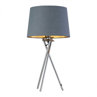 First Choice Lighting Tripod - Chrome Lamp With Grey & Gold Fabric Shade - image 1