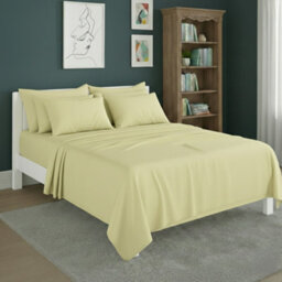 Plain Poly Cotton Easy Care Fitted Flat Sheet Matching Pillowcases Set Lemon - thumbnail 1