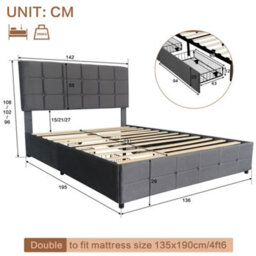 Abrihome 4Ft6 Double Upholstered Bed With 4 Storage Drawers, Bed Frame With Charging Station Adjustable Button Tufted Headboard Grey - thumbnail 2