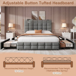 Abrihome 4Ft6 Double Upholstered Bed With 4 Storage Drawers, Bed Frame With Charging Station Adjustable Button Tufted Headboard Grey - thumbnail 4