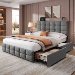 Abrihome 4Ft6 Double Upholstered Bed With 4 Storage Drawers, Bed Frame With Charging Station Adjustable Button Tufted Headboard Grey - thumbnail 1
