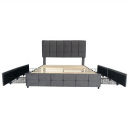 Abrihome 4Ft6 Double Upholstered Bed With 4 Storage Drawers, Bed Frame With Charging Station Adjustable Button Tufted Headboard Grey - thumbnail 8