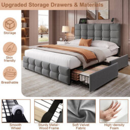 Abrihome 4Ft6 Double Upholstered Bed With 4 Storage Drawers, Bed Frame With Charging Station Adjustable Button Tufted Headboard Grey - thumbnail 5