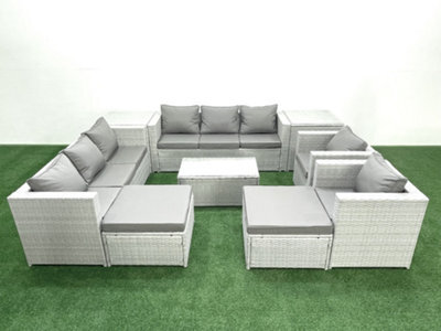 Fimous Outdoor Rattan Sofa Garden Furniture Set 2 Armchairs Oblong Coffee Table 2 Big Stools 2 Side Tables Light Grey - image 1