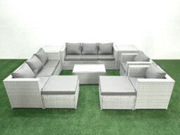 Fimous Outdoor Rattan Sofa Garden Furniture Set 2 Armchairs Oblong Coffee Table 2 Big Stools 2 Side Tables Light Grey - thumbnail 1