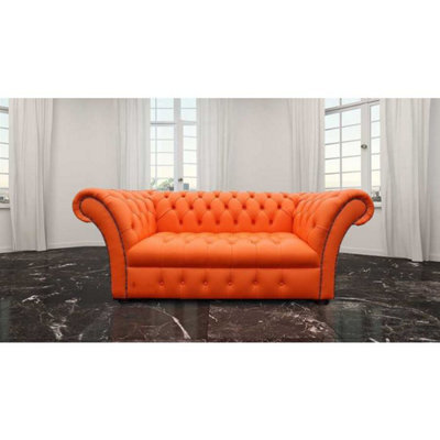 Chesterfield 2 Seater Buttoned Seat Mandarin Orange Leather Sofa Settee In Balmoral Style - image 1