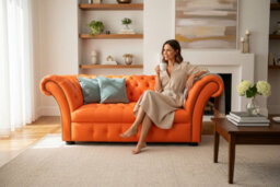 Chesterfield 2 Seater Buttoned Seat Mandarin Orange Leather Sofa Settee In Balmoral Style - thumbnail 3
