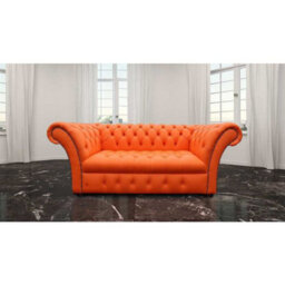 Chesterfield 2 Seater Buttoned Seat Mandarin Orange Leather Sofa Settee In Balmoral Style - thumbnail 1