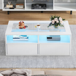 Matteo Modern White Coffee Table With Led Lights, Tempered Glass Top & 2 Drawers - 100X50X35Cm Living Room Storage - thumbnail 5