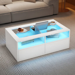 Matteo Modern White Coffee Table With Led Lights, Tempered Glass Top & 2 Drawers - 100X50X35Cm Living Room Storage - thumbnail 4
