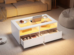Matteo Modern White Coffee Table With Led Lights, Tempered Glass Top & 2 Drawers - 100X50X35Cm Living Room Storage - thumbnail 8