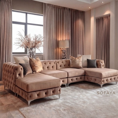 Monaco 4 Seater Chesterfield Chaise Sofa Mink Velvet U Shaped Chaise - Deep Buttoned Cushions Upholstery Couch Lounge - image 1