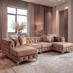 Monaco 4 Seater Chesterfield Chaise Sofa Mink Velvet U Shaped Chaise - Deep Buttoned Cushions Upholstery Couch Lounge - thumbnail 1