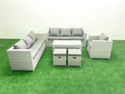 Fimous Wicker Pe Rattan Sofa Garden Furniture Set Oblong Coffee Table Armchair 2 Small Stools Light Grey - thumbnail 2