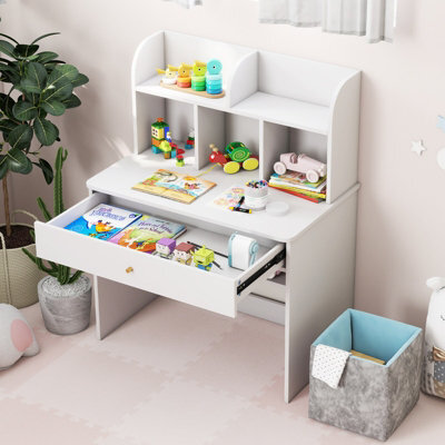 Costway Kids Wooden Study Desk Children Writing Table With Hutch & Drawer-White - image 1