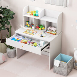 Costway Kids Wooden Study Desk Children Writing Table With Hutch & Drawer-White