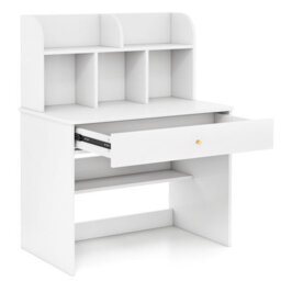 Costway Kids Wooden Study Desk Children Writing Table With Hutch & Drawer-White - thumbnail 2