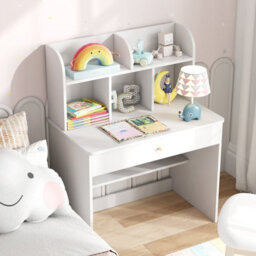 Costway Kids Wooden Study Desk Children Writing Table With Hutch & Drawer-White - thumbnail 8