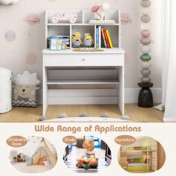 Costway Kids Wooden Study Desk Children Writing Table With Hutch & Drawer-White - thumbnail 6