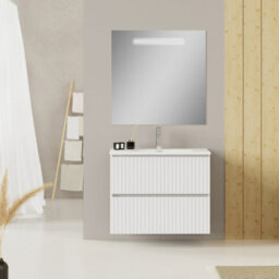Banyetti Linea Matt White Ribbed Double Drawer Wall Hung Vanity Unit 800mm X 460mm - thumbnail 1